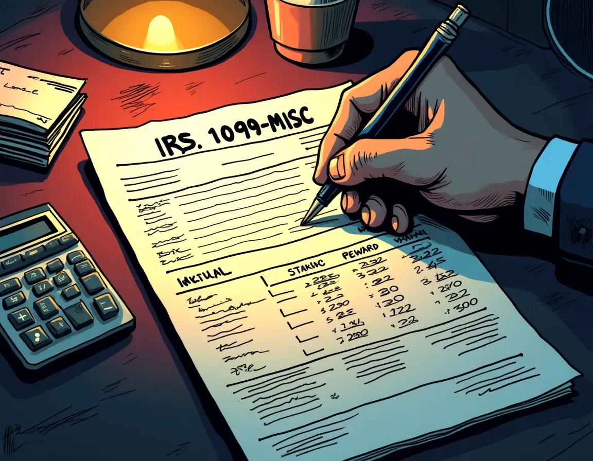 Tax form 1099-MISC with staking reward records showing reporting complexity differences