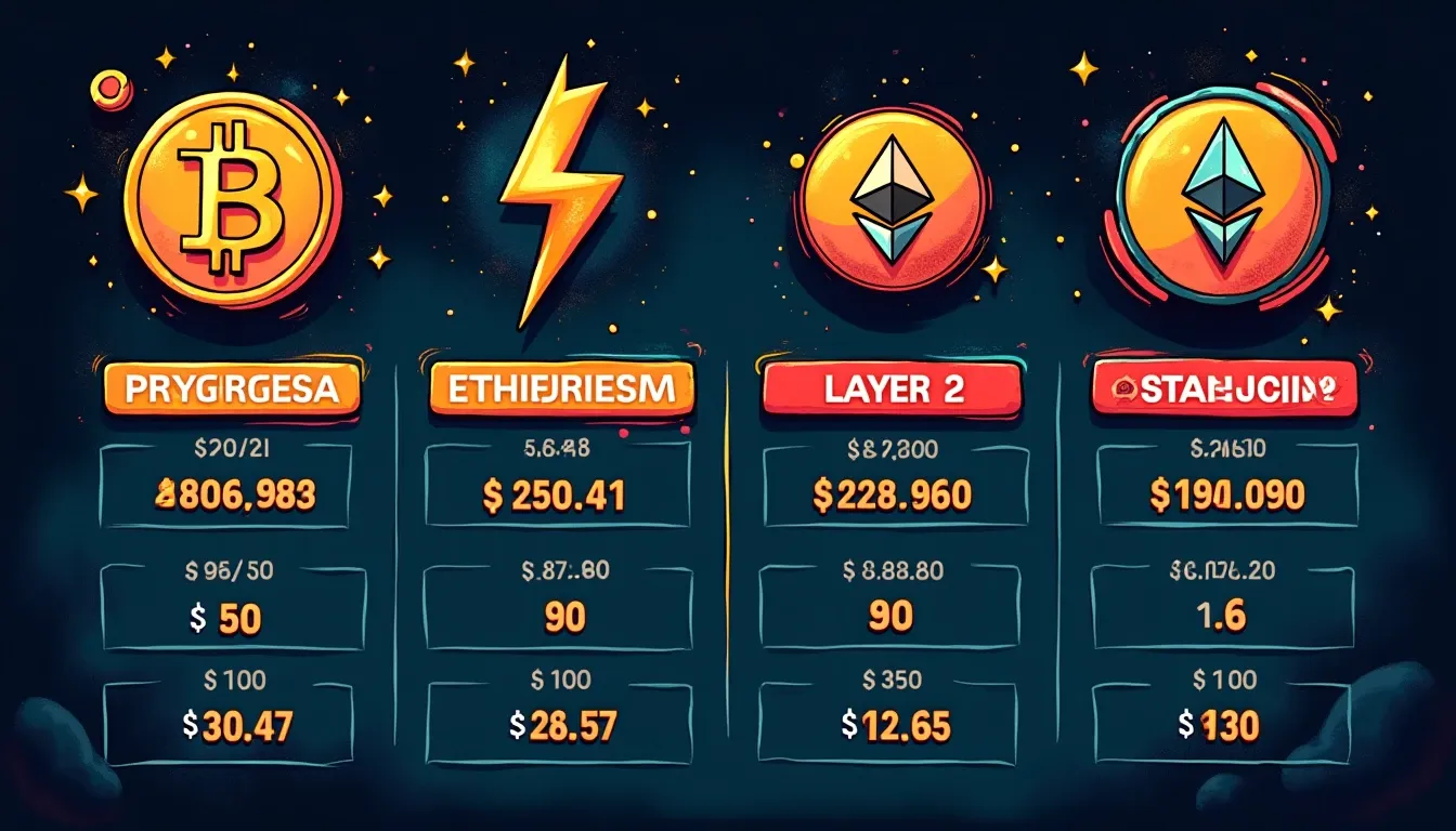 Fee comparison chart with Bitcoin Lightning, Ethereum L2, and stablecoin network symbols showing withdrawal costs