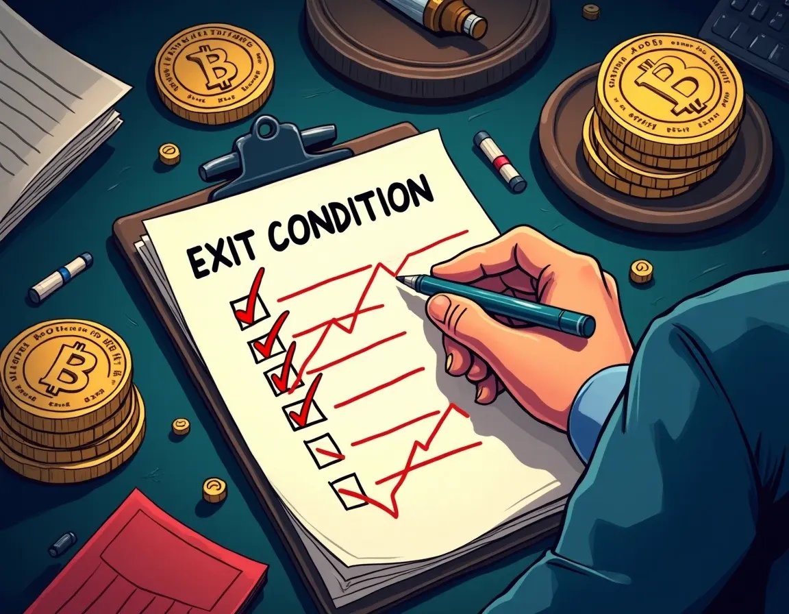 Exit criteria checklist with breach trigger lines marked on token price charts