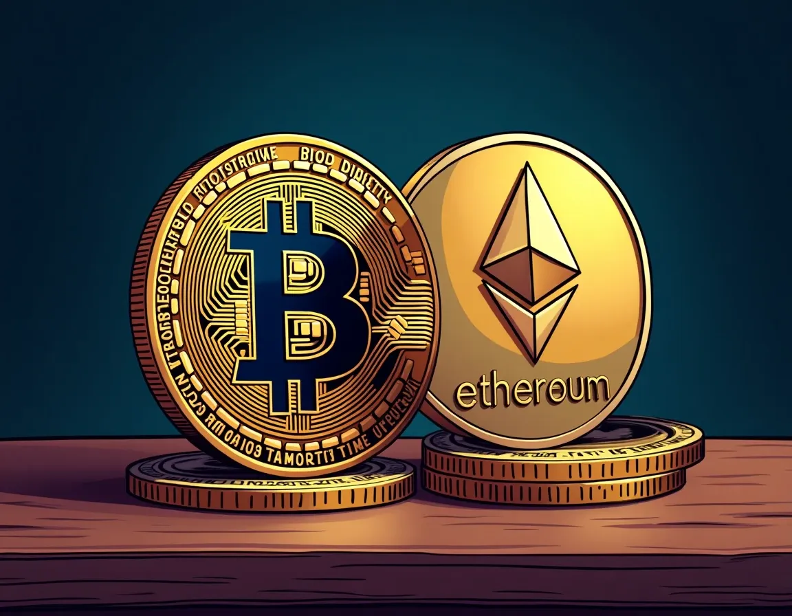 Bitcoin and Ethereum physical coins representing first cryptocurrency purchase decision for beginners