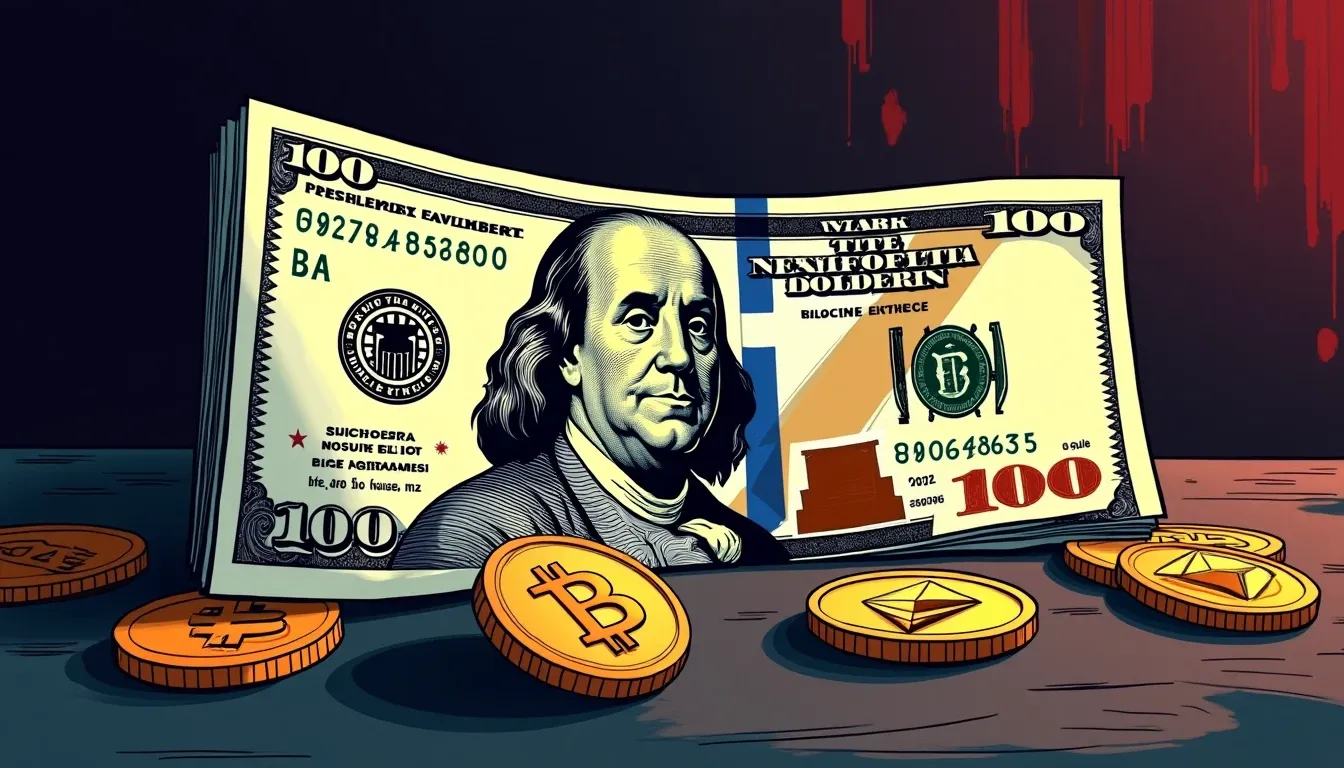 $100 bill with Bitcoin and Ethereum coins showing small denomination purchases