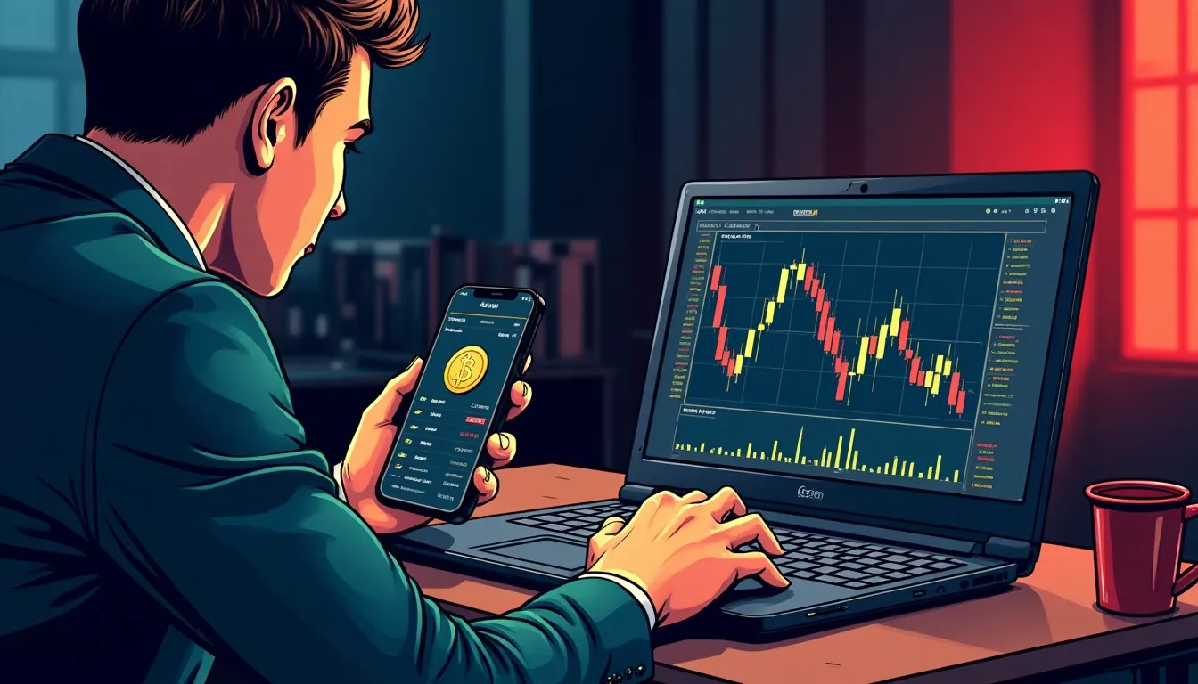 Person setting up automated trading bot on laptop with cryptocurrency charts displayed
