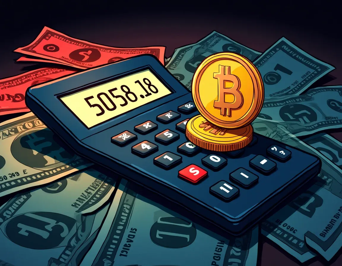 Calculator displaying crypto transaction fees alongside US dollar bills and digital currency tokens