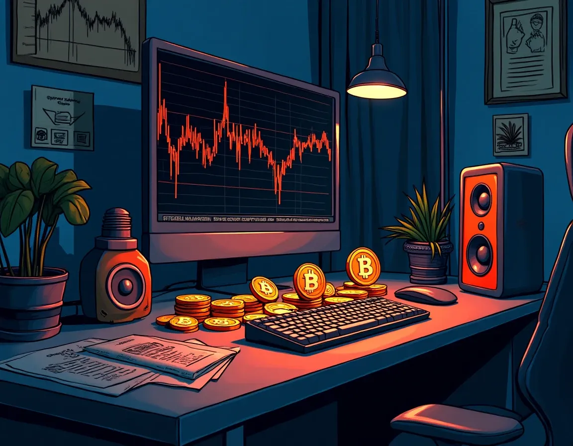 Mining hardware with various cryptocurrency coins and profitability charts displayed on computer screen