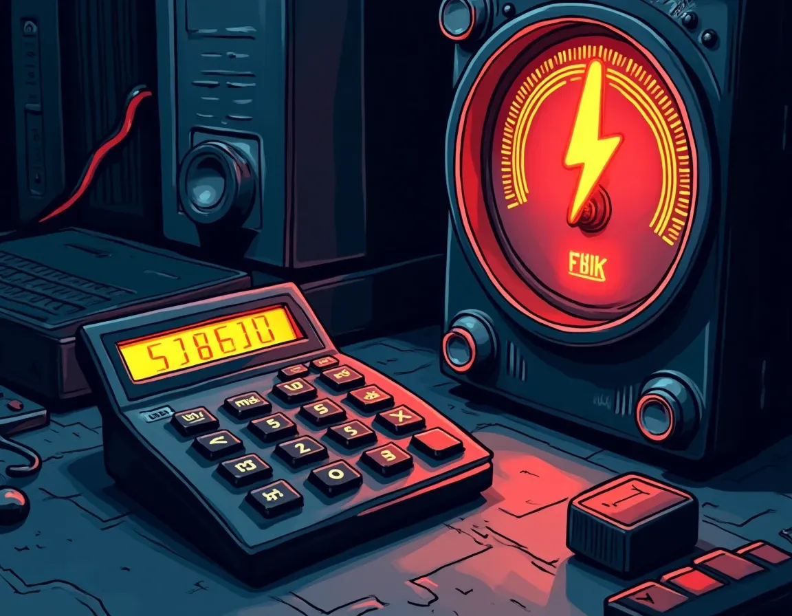 Electricity meter and calculator beside GPU illustrating mining cost calculations and profit margins