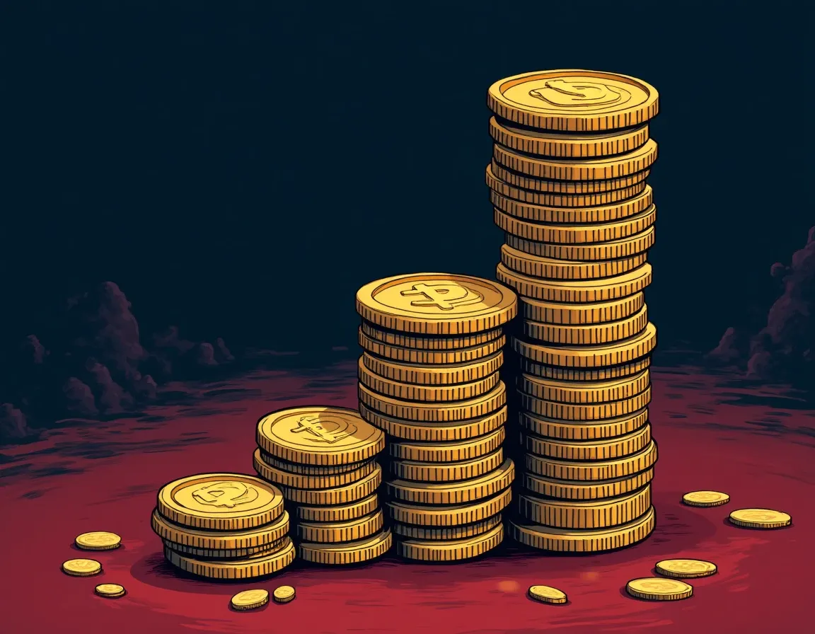 Stack of coins diminishing in height showing cumulative fee impact on grid trades