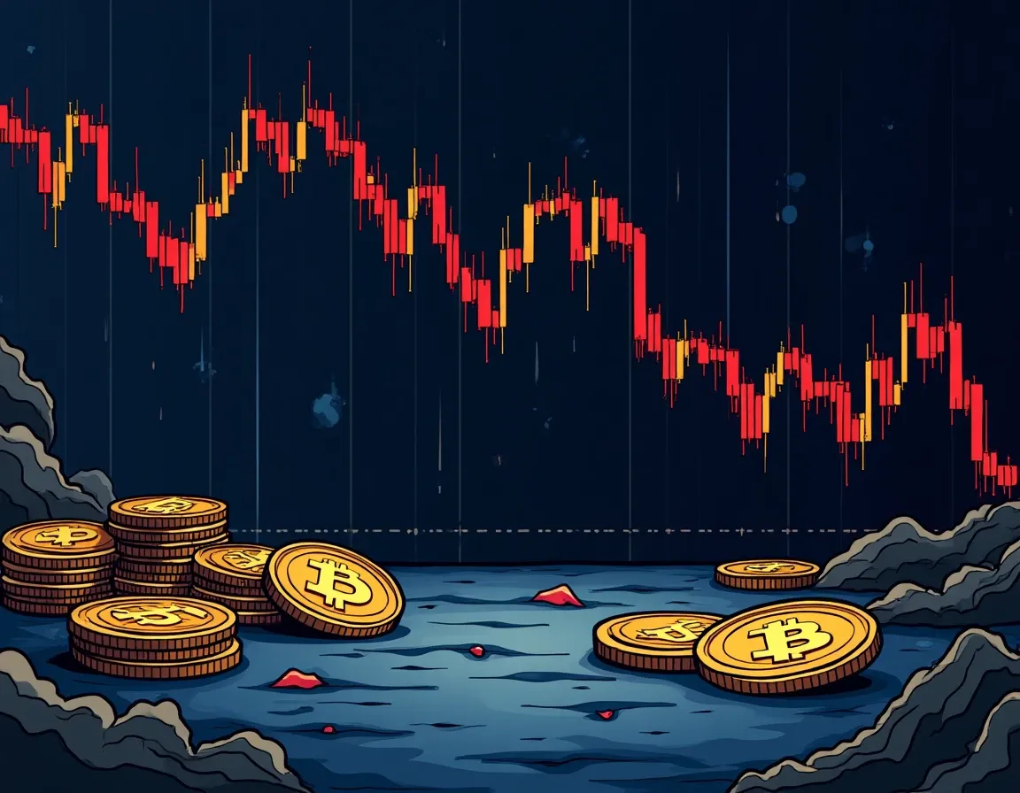 Grid bot failure scenario showing accumulating underwater buy orders during sustained downtrend