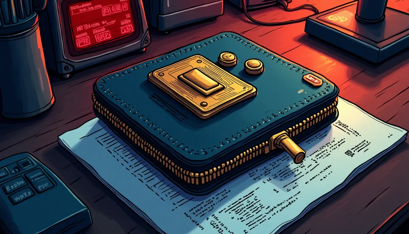 Hardware wallet with secure chip next to printed smart contract code showing DeFi transaction structure