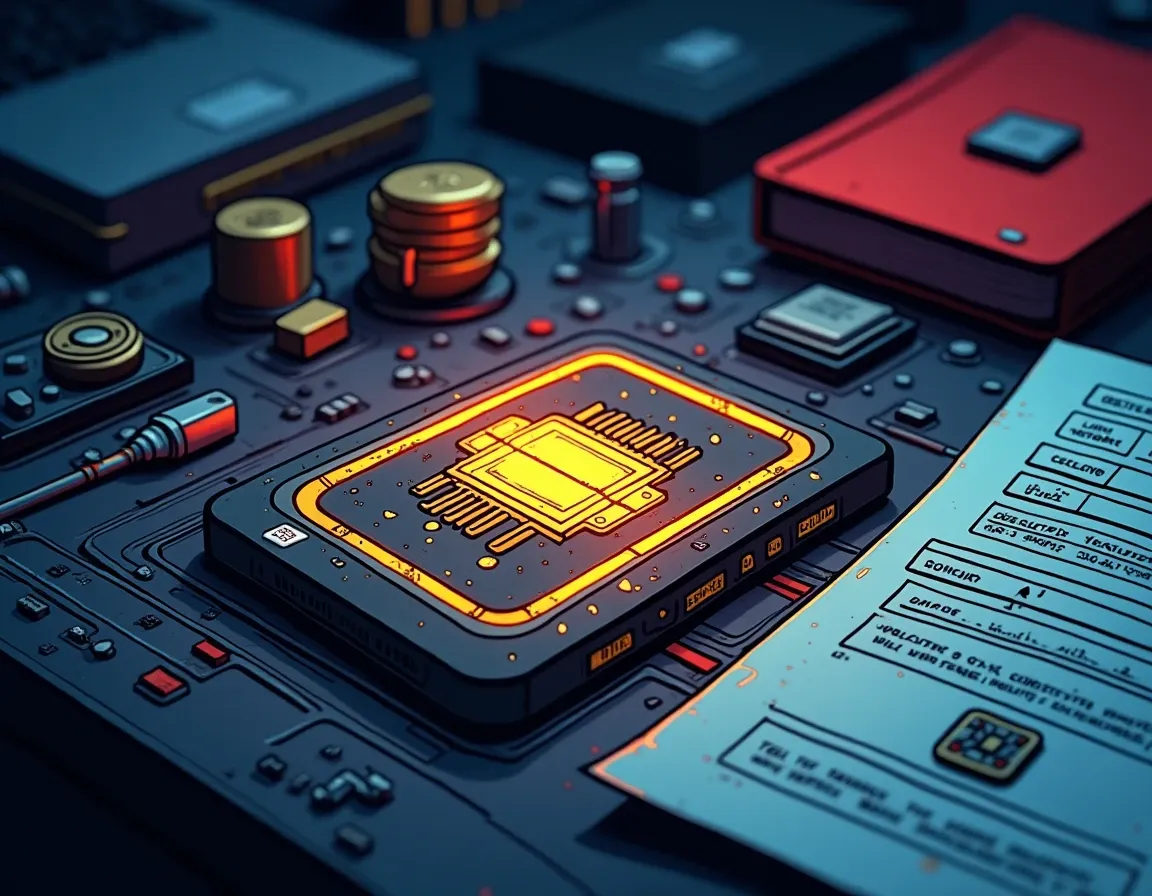 Secure element chip certification and technical documentation displayed on electronics workbench