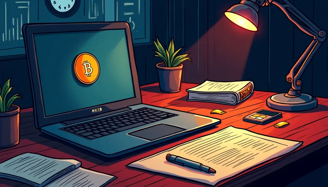 Hardware wallet device displayed on desk with laptop and security documentation nearby