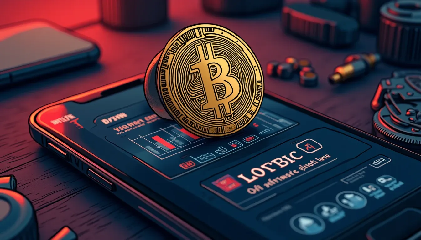 Bitcoin coin on smartphone with exchange interface and hardware wallet