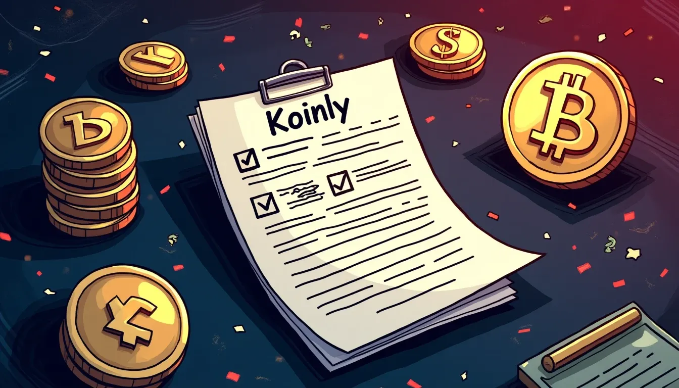 Koinly tax software documentation with crypto exchange integration certificates and blockchain symbols