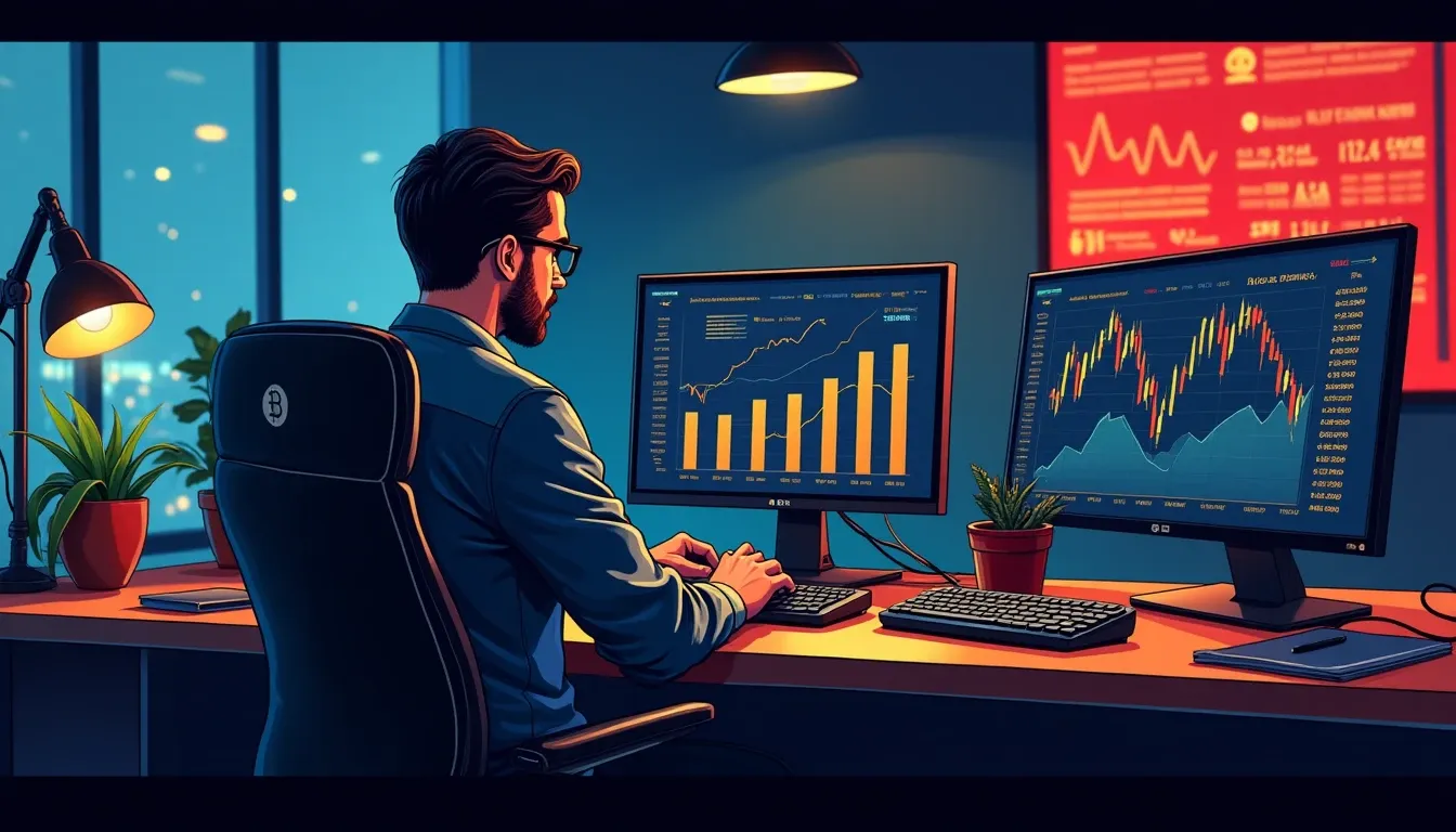 Analyst reviewing cryptocurrency market capitalization charts showing large cap versus small cap risk profiles