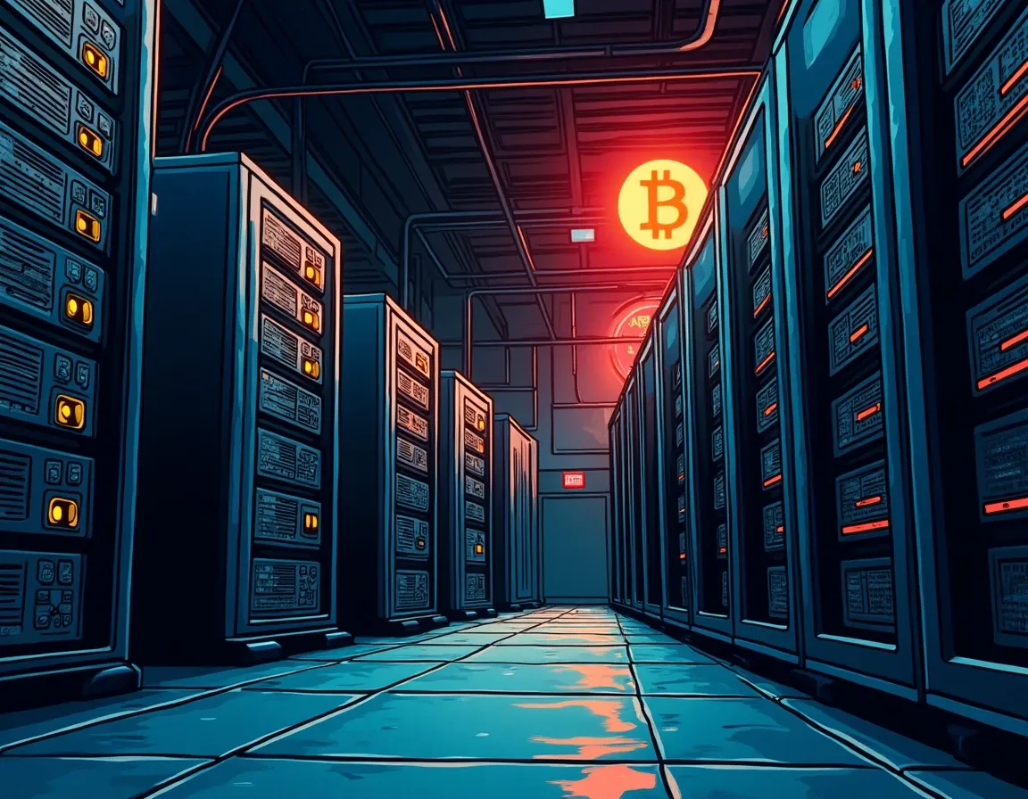 Physical Bitcoin mining equipment and servers in industrial facility