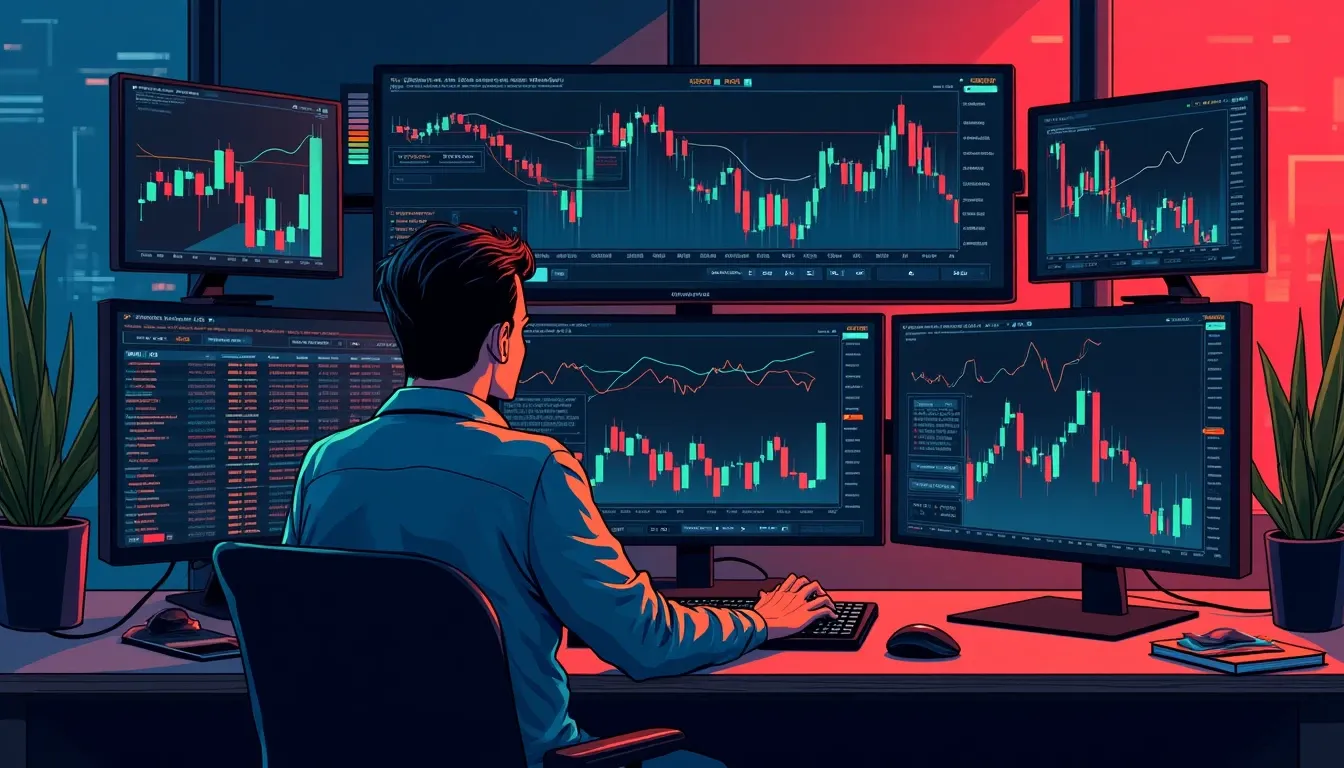 Investor analyzing cryptocurrency token data and charts on multiple computer screens