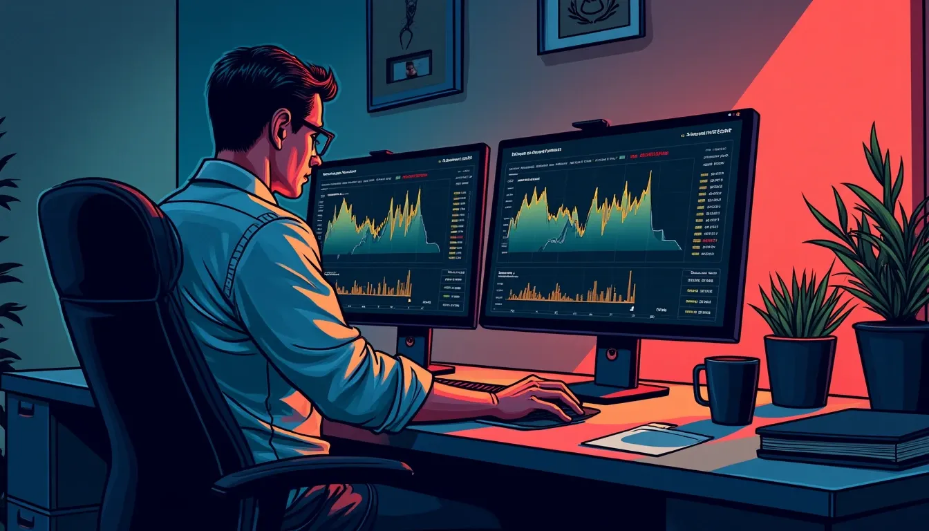 Financial analyst reviewing stablecoin yield data and protocol comparison charts on monitors