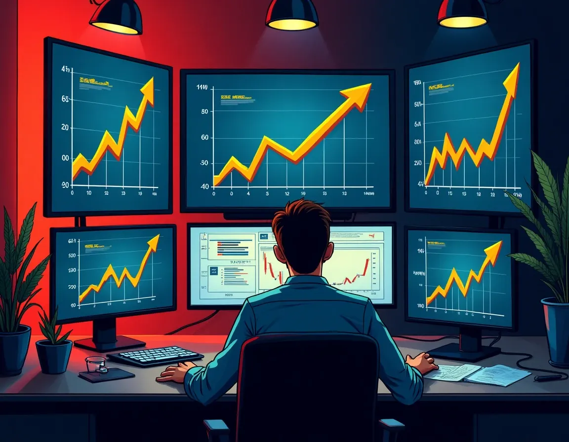 Financial analyst studying MEV reward volatility on trading monitors with Solana network data