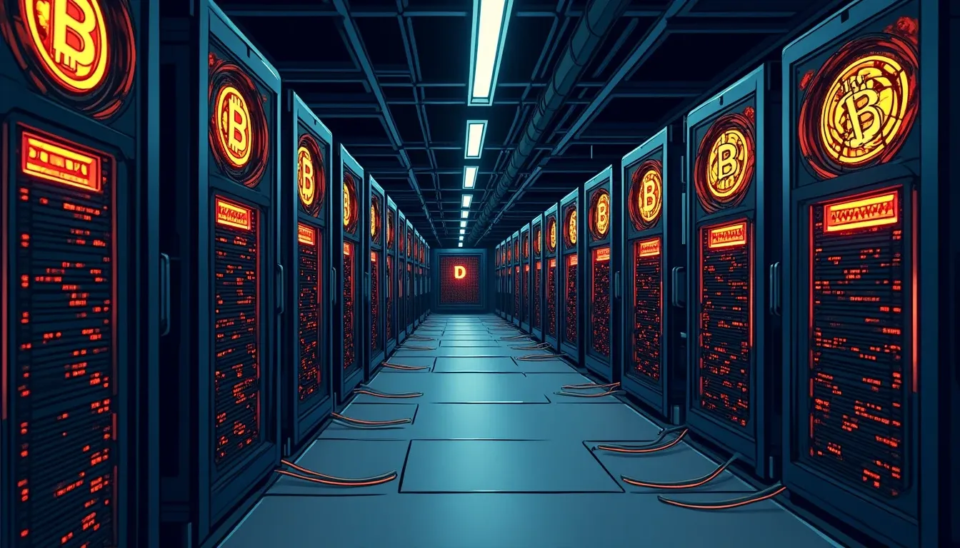 Bitcoin mining hardware racks in industrial data center with monitoring displays