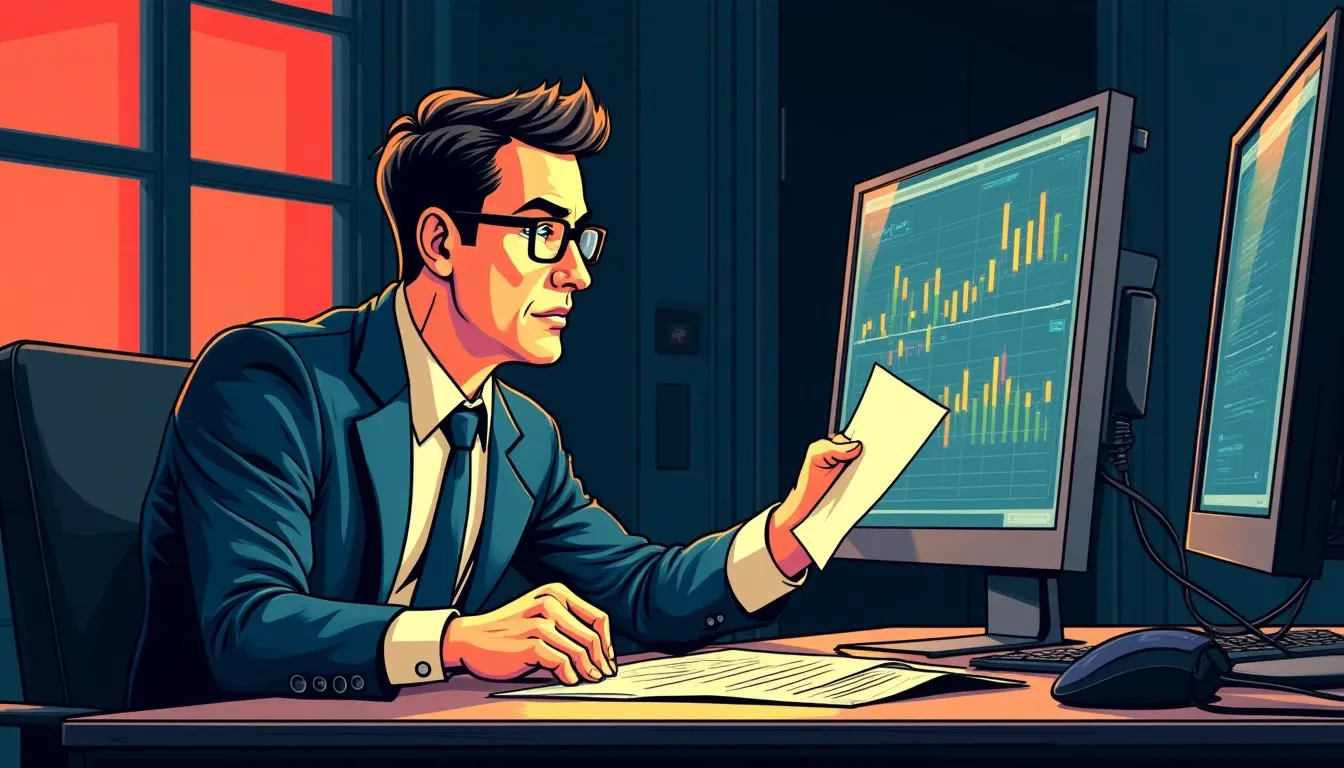 Financial analyst reviewing digital lending protocol performance data on multiple monitors