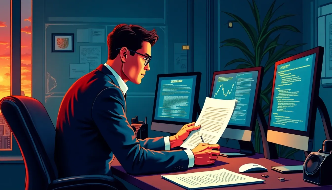 Financial auditor reviewing security documents and blockchain protocol code on multiple screens