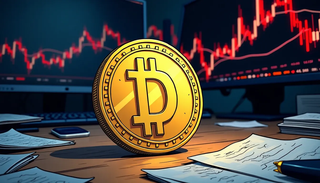 Dogecoin coin with upward arrow showing 10.2% gain amid green candlestick patterns