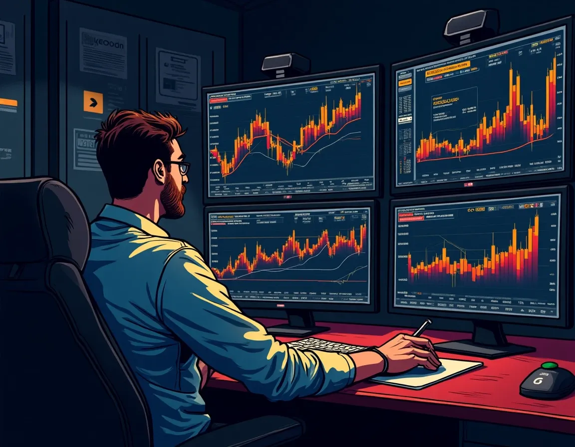 Professional trader reviewing crypto market movements and institutional partnership news on trading screens