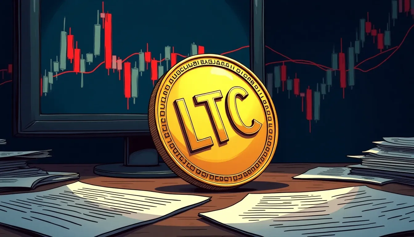 Litecoin coin with upward arrow, ETF documents, and halving countdown timer