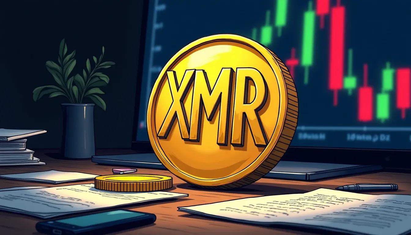 Monero cryptocurrency coin with rising price chart and privacy shield symbol