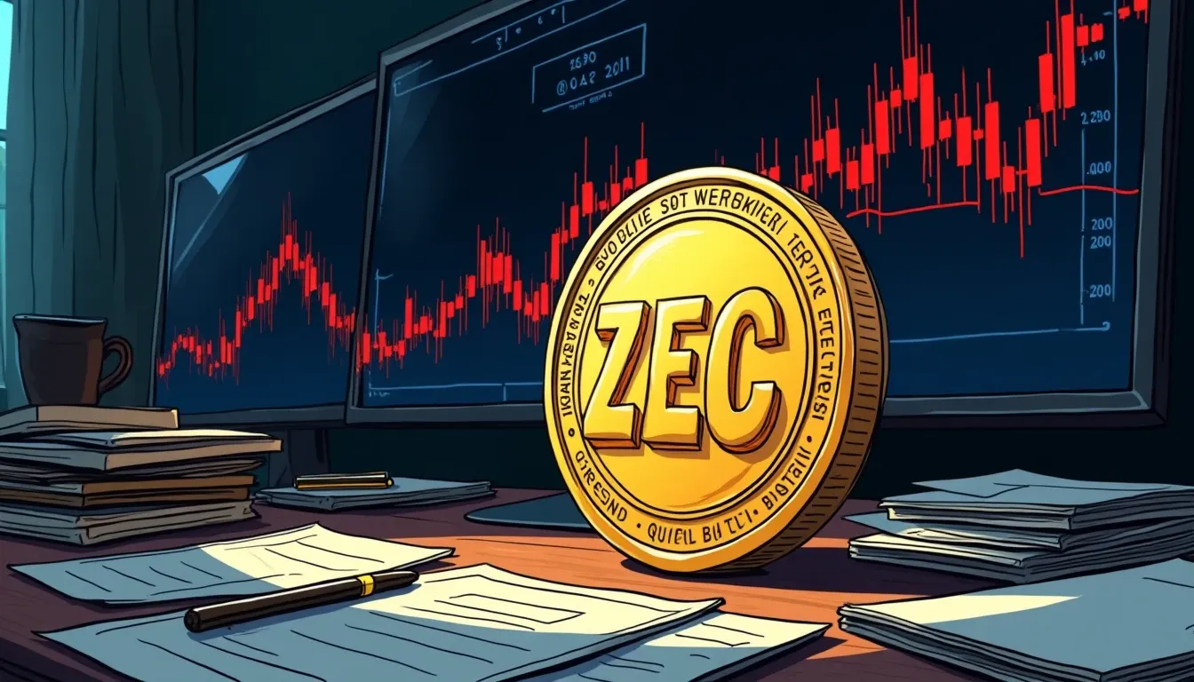 Zcash coin with rising price chart and ETF approval documents