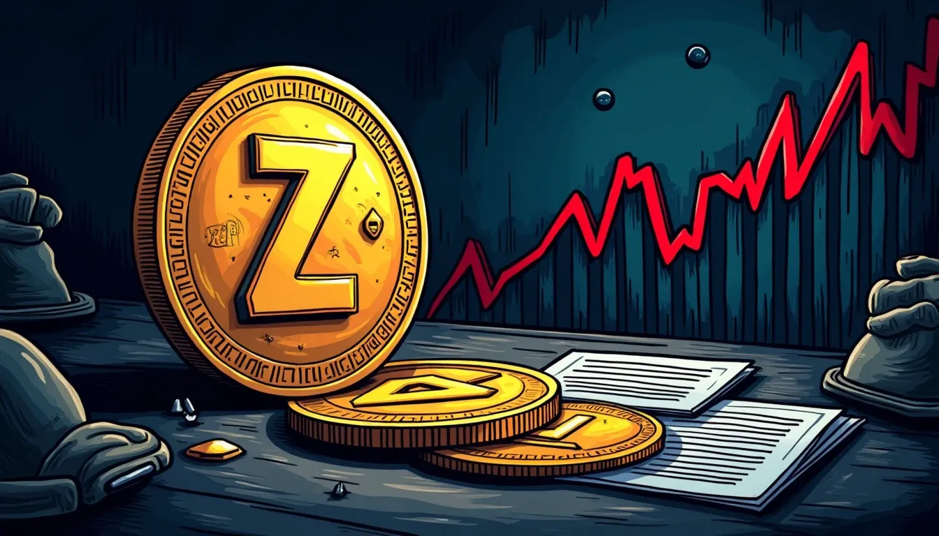 Zcash coin with rising price chart and ETF approval documents