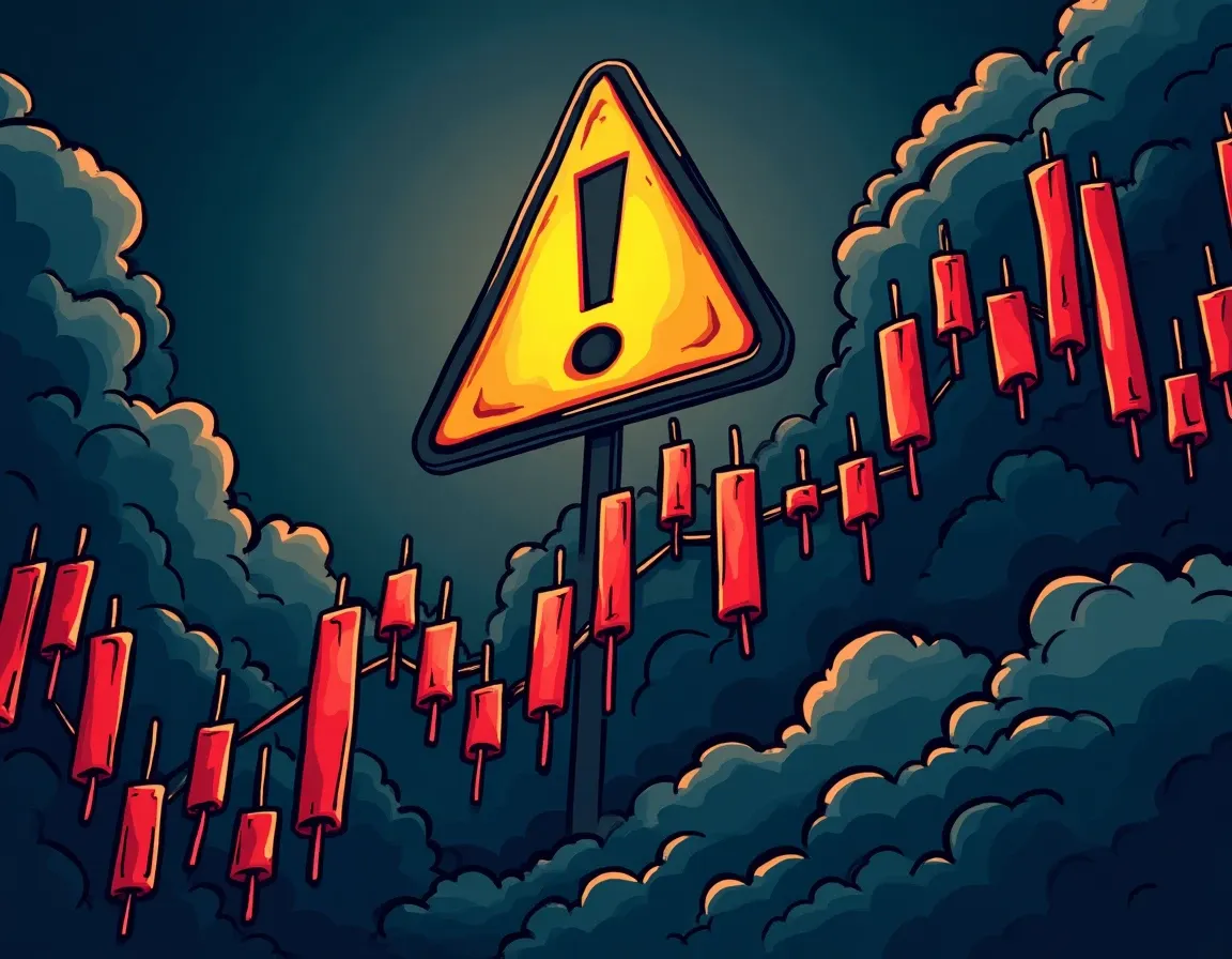Warning symbol above volatile candlestick chart with sharp price movements