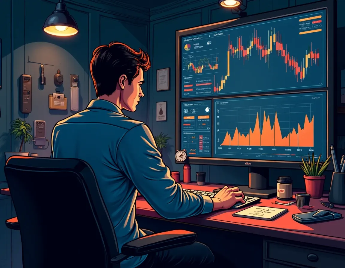 Cryptocurrency trader configuring automated rotation thresholds and yield monitoring alerts on multi-screen trading setup