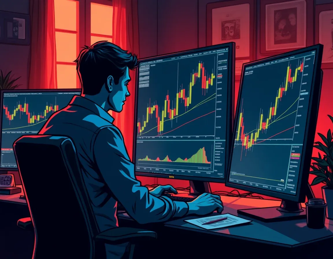 Trader examining altcoin narrative cycle data across multiple screens in trading workspace