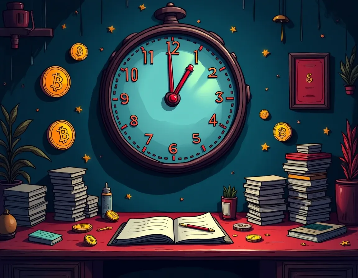 Clock and wave chart showing narrative timing phases in cryptocurrency cycles
