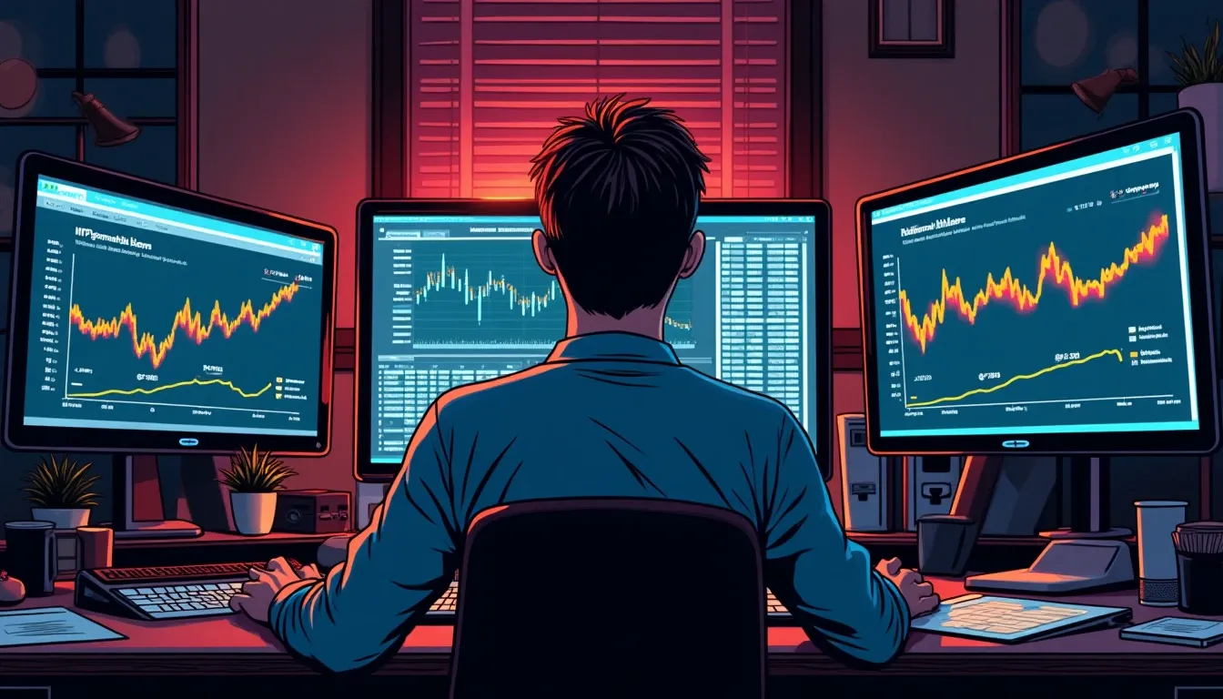 Trader reviewing NFT marketplace data and floor prices on multiple computer screens
