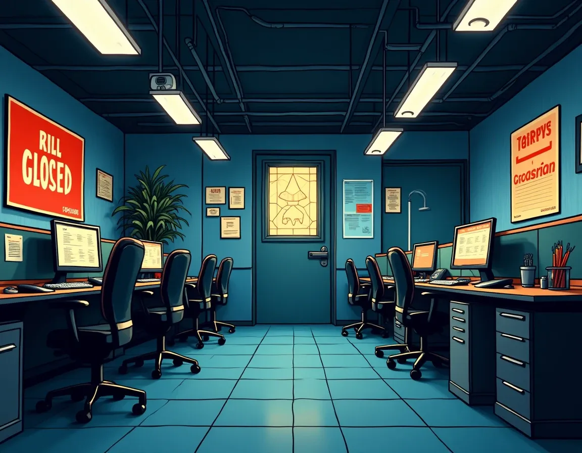 Abandoned gaming guild office representing industry collapse and closure of scholar programs