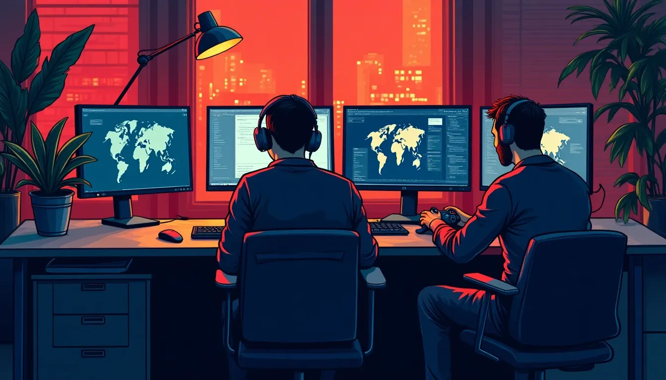Professional esports team members collaborating on competitive gaming strategy at workstations