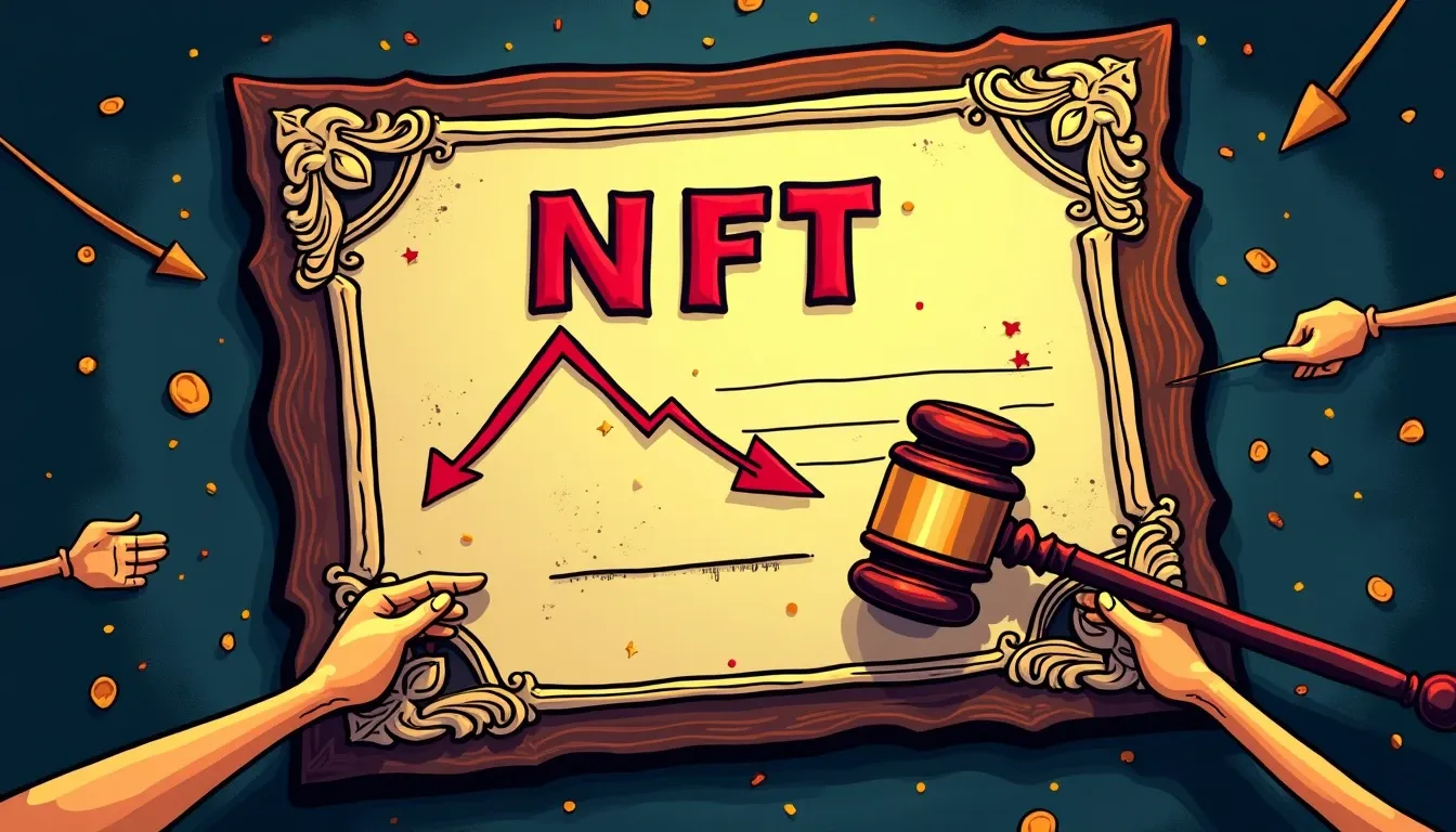 NFT certificate marked for liquidation with declining price chart and auction gavel