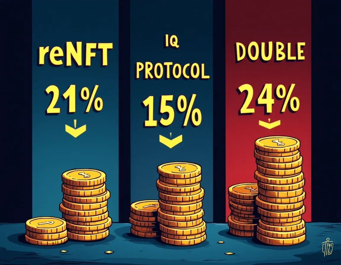 Fee structure comparison diagrams for reNFT, IQ Protocol, and Double platforms with percentage allocations