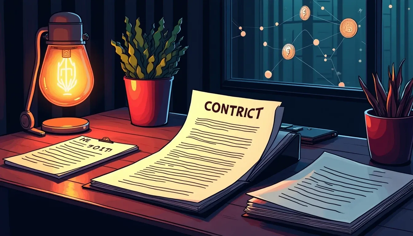 Digital rental contract with NFT and blockchain symbols on modern desk