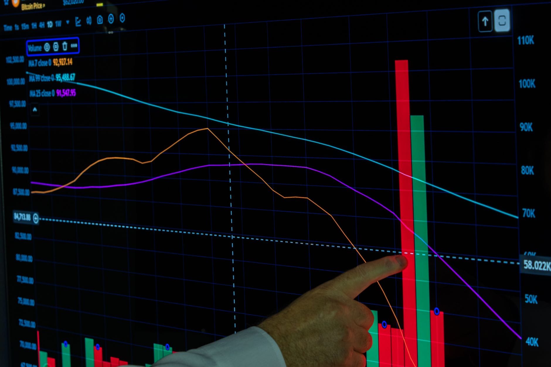 Investor analyzing digital NFT collection metrics on multiple screens before purchase
