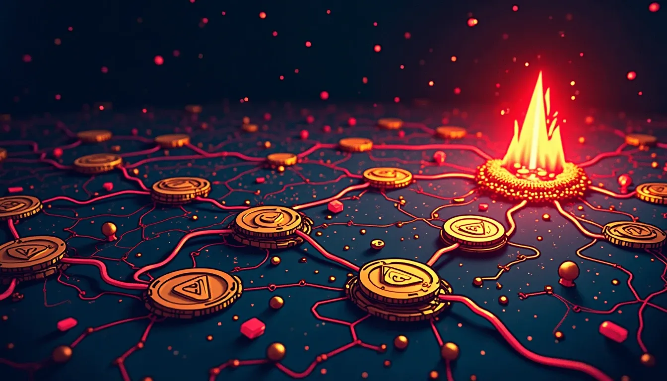Blockchain transaction graph with red flags marking suspicious wallet patterns and honeypot indicators