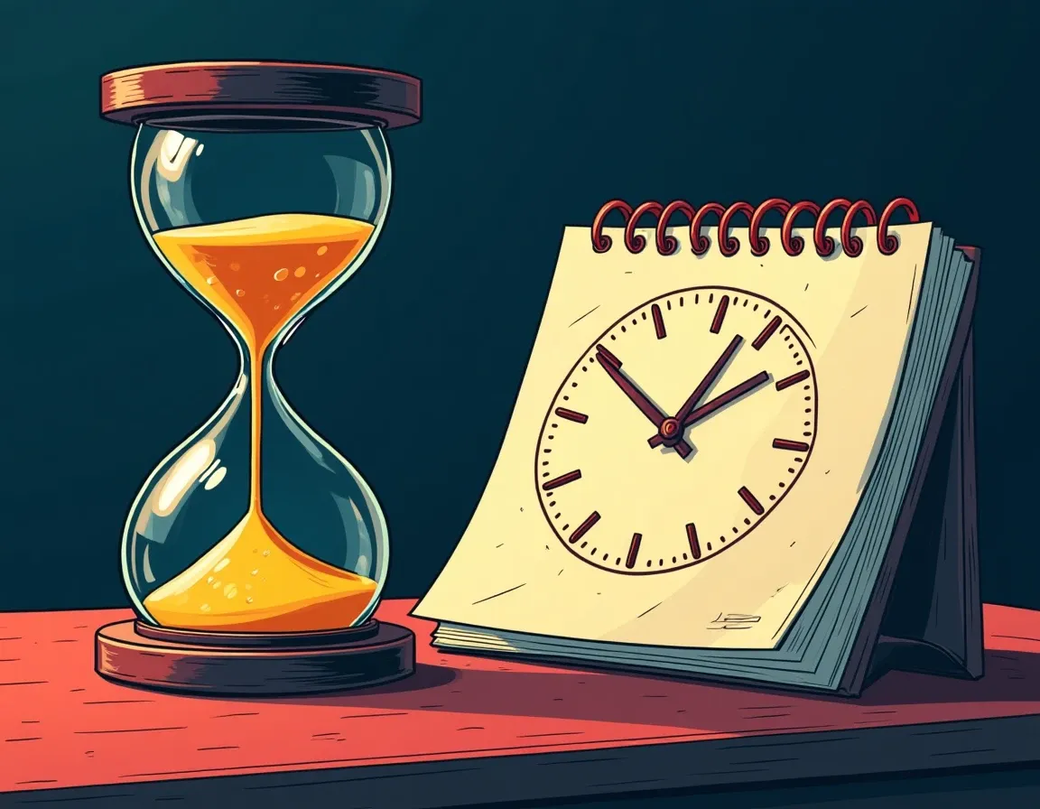 Hourglass, calendar and clock representing session time limits and gambling duration controls