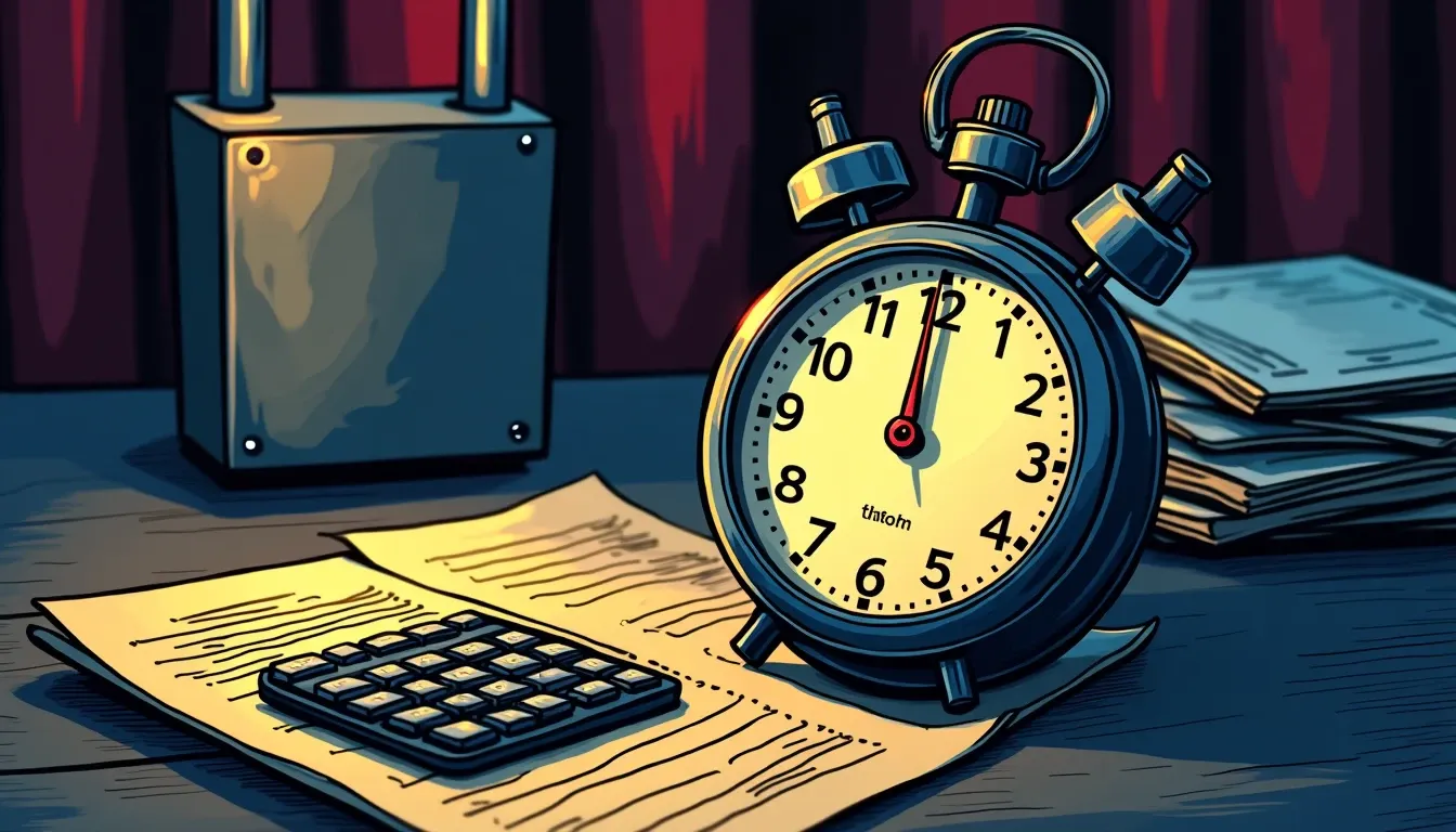 Stopwatch, padlock and calculator representing gambling time limits, account security and deposit caps