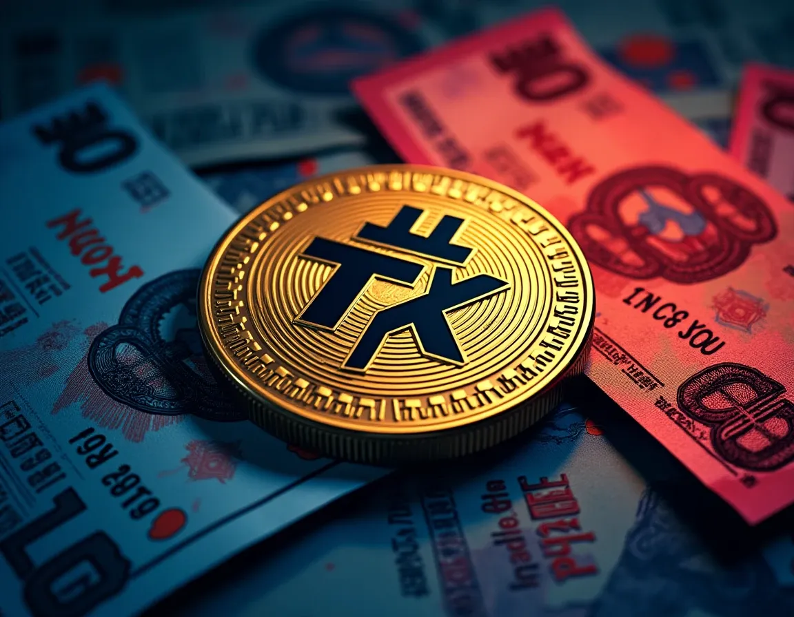 TRON TRX token and Asian currency bills illustrating USDT stablecoin transfer use cases