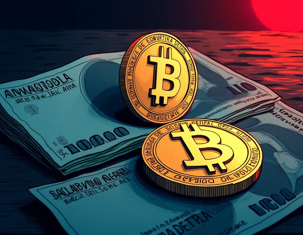 Stablecoin tokens next to devalued Argentine peso representing dollar-substitute savings in emerging markets