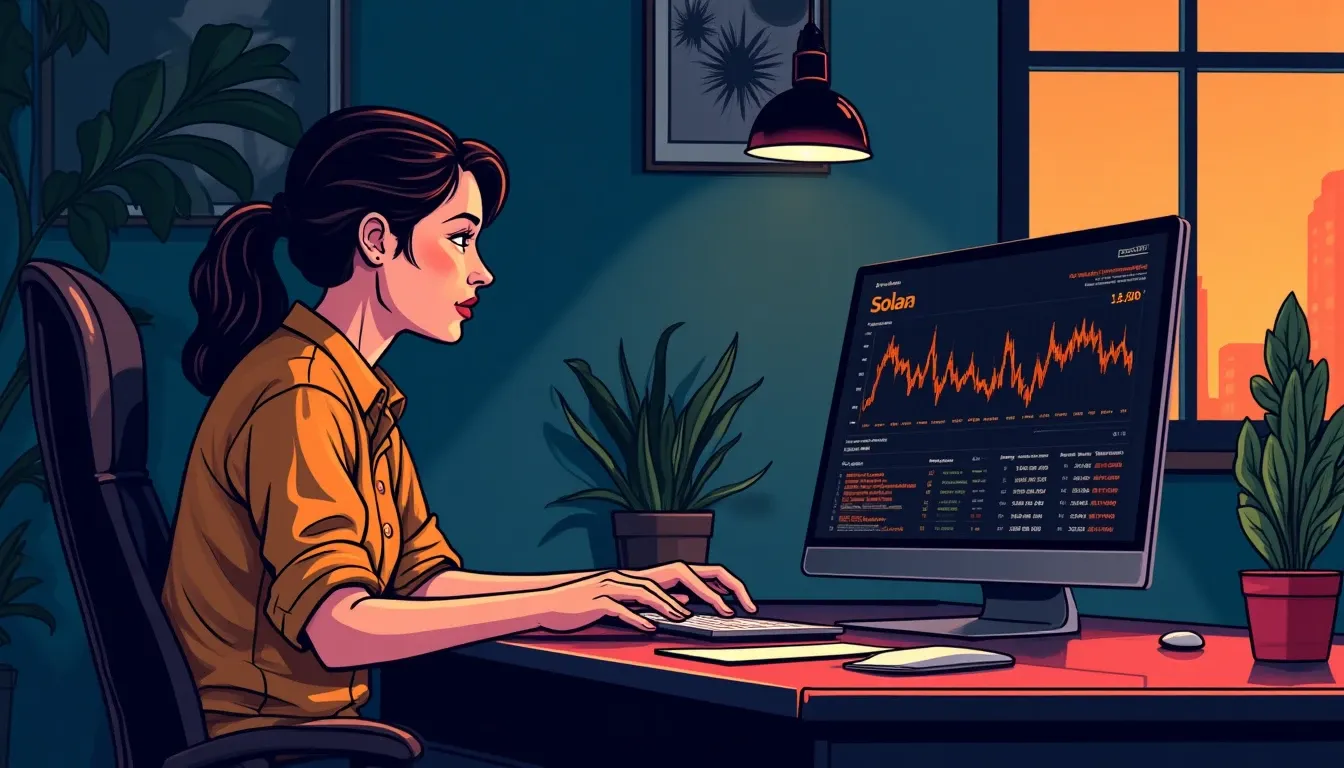 Investor reviewing Solana staking validator performance metrics on laptop display