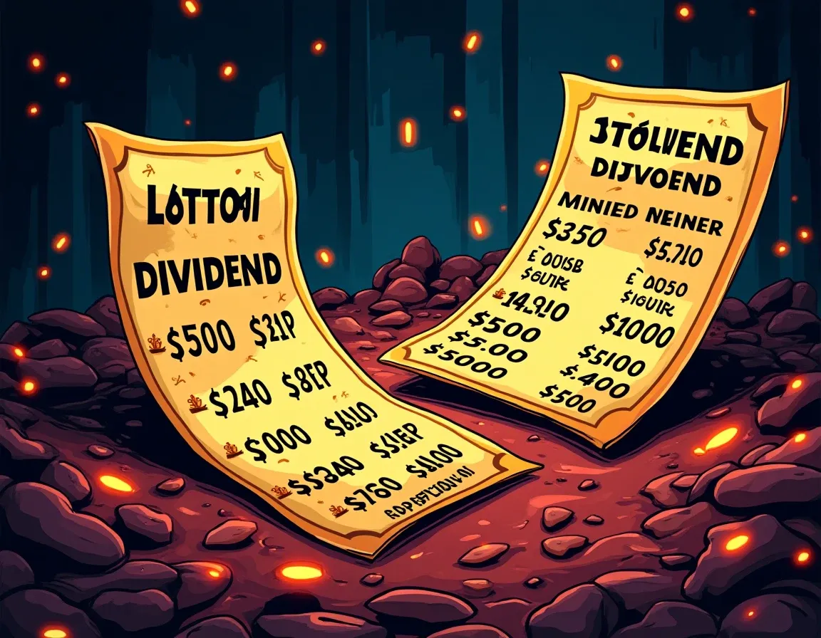 Lottery ticket beside regular payment statements representing solo mining variance versus pool consistency