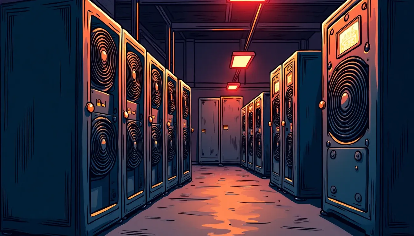 Bitcoin mining ASIC hardware running in a small-scale mining operation with cooling fans