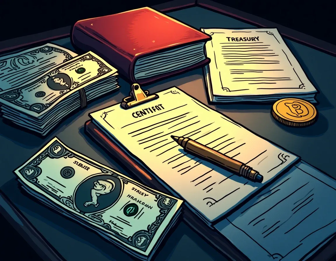 Treasury bills and government securities next to stablecoin protocol documents